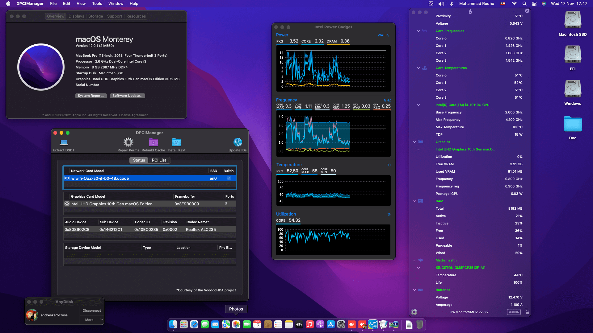Success Hackintosh macOS Monterey 12.0.1 Build 21A559 in MSI Modern 14 B10MW